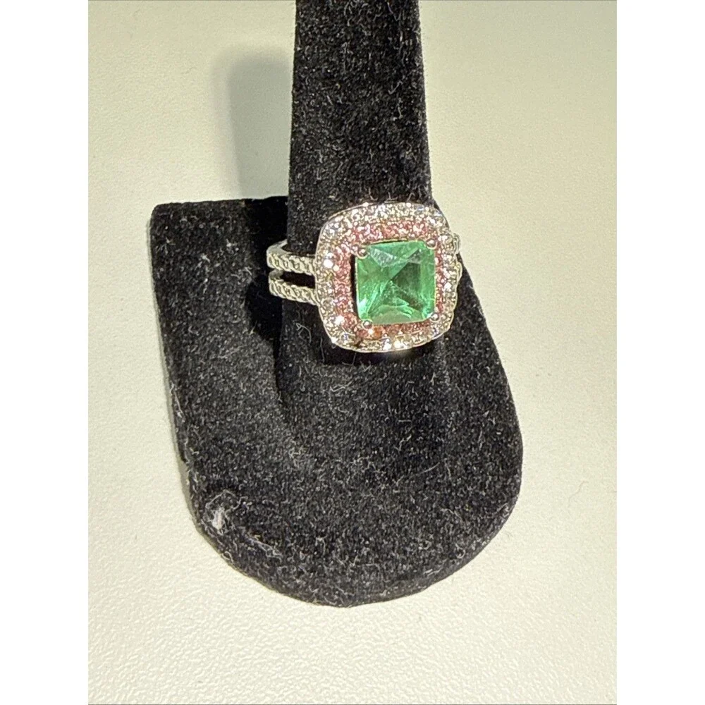 S925 Sterling Silver Emerald Green Halo Statement Ring Pink Clear Size 7